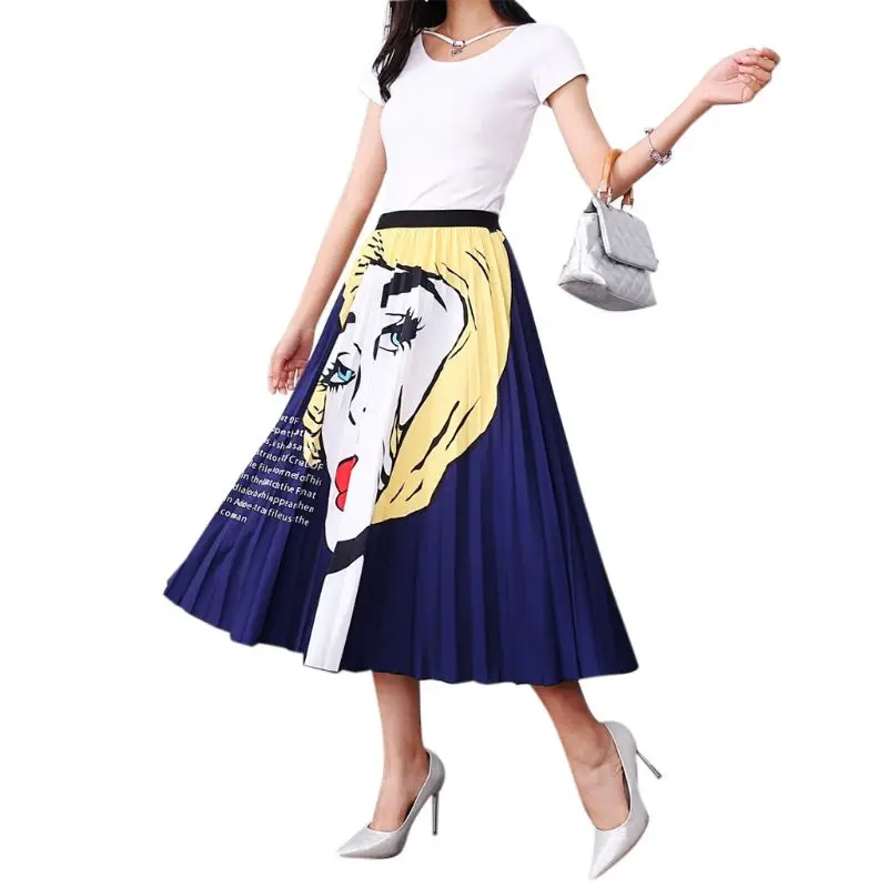 

Women Color Block Graffiti Cartoon Empire High Waist Pleated Swing Midi Skirt F42F