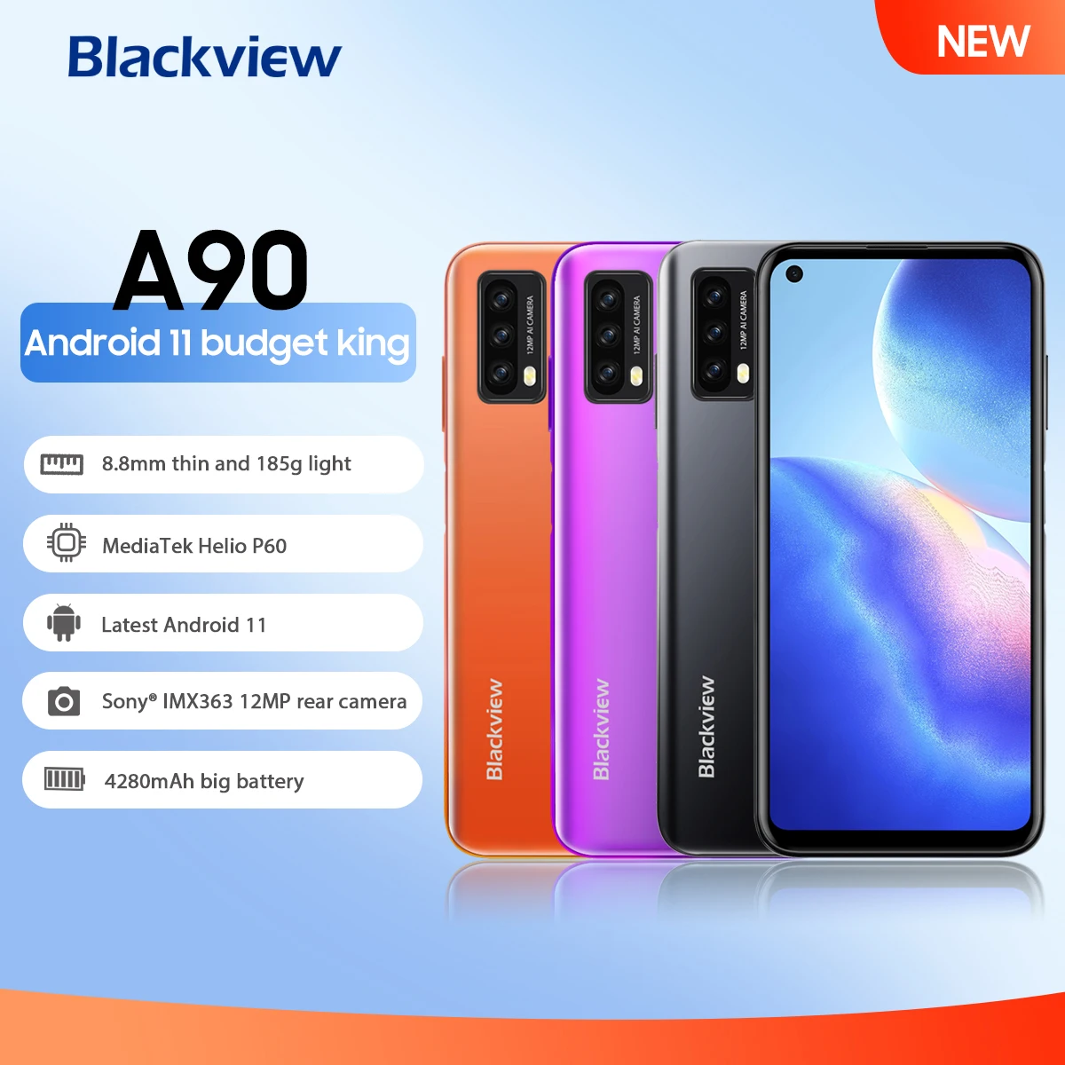 

Blackview A90 Smartphone Helio P60 Octa Core 4GB+64GB 12MP HDR Camera Mobile Phone 4280mAh Android 11 Telephone 4G LTE Celular