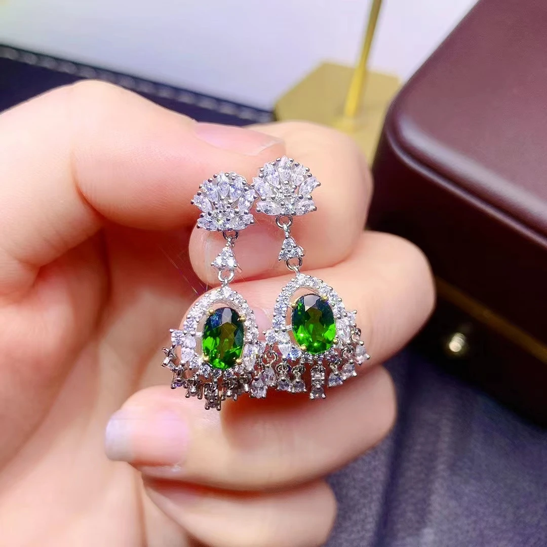 

Fine Jewelry 925 Pure Silver Chinese Style Natural Diopside Girl Luxury Popular fresh Gemstone Earrings Eardrop Support Detectio