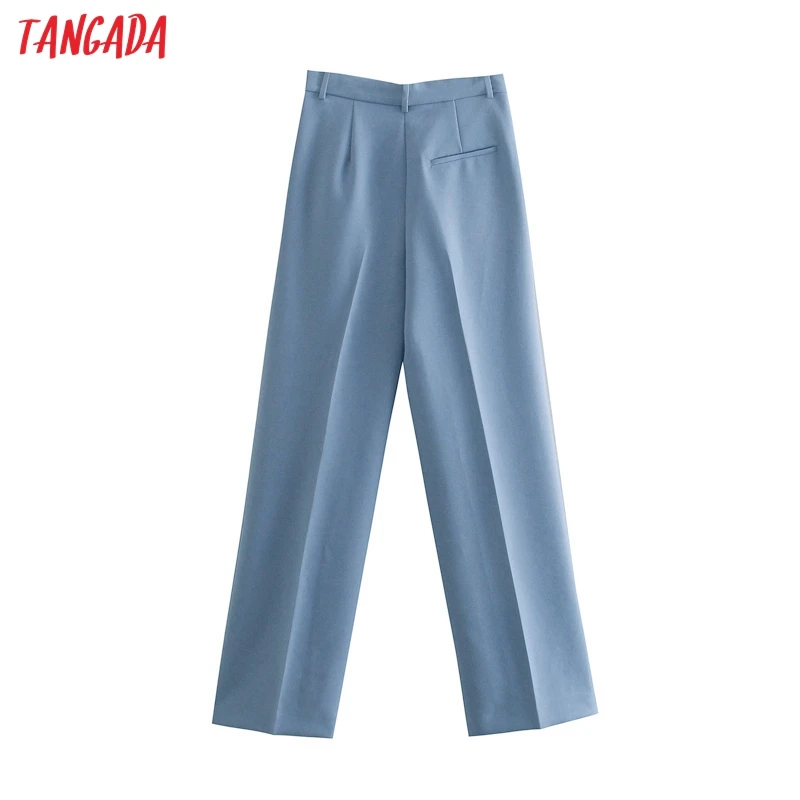 

Tangada Fashion Women Blue Long Suit Pants Trousers with Slash Pockets Buttons Office Lady Pants Pantalon JE95