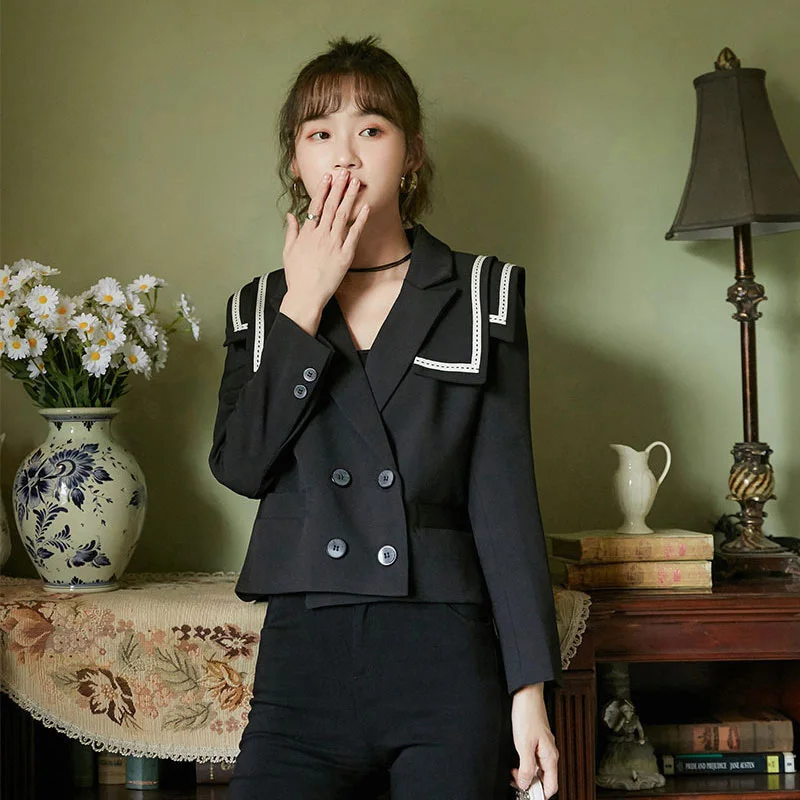 

Black Striped Women Big Size Short Blazer New Lapel Long Sleeve Loose Fit Jacket Fashion Tide Spring Autumn 2021 1DD1002