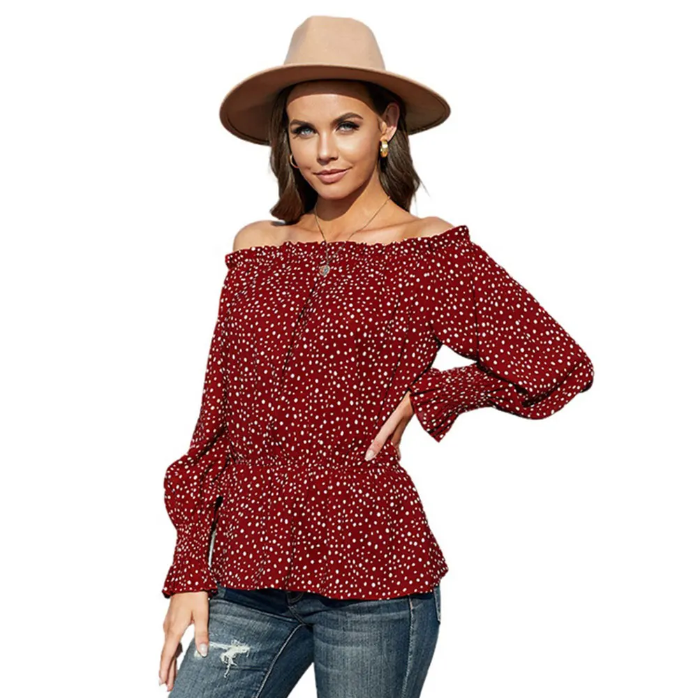 

Women's Blouses Top 2020 Fashion Vintage Clothing Summer Elegant Long Sleeve Female Beautiful Polka Dot Shirt Ruffled Waist Tie