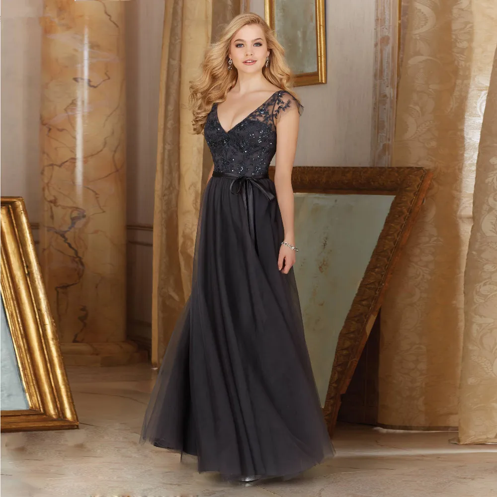 

FF629 Attractive A-Line V-Neck Cap Sleeve Sequins Tulle Bridesmaid Dress 2016