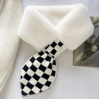 lunadolphin korean ins furry bib women fashion black white checkerboard plaid faux rabbit fur imitation fur cross plush scarf
