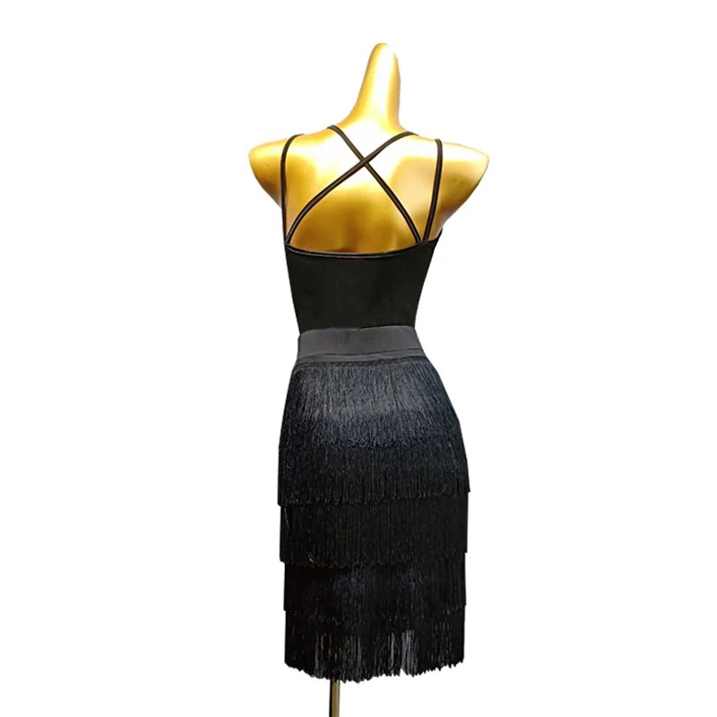

Latin Dance Practice Clothes Latin Five-layer Fringed Skirt Cross Belt Jumpsuit New Latin Suit Women
