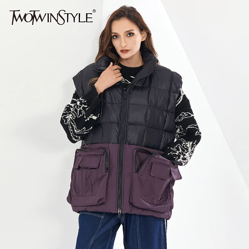 

TWOTWINSTYLE Casual Hit Color Tops For Women Stand Collar Sleeveless Patchwork Pocket Oversized Cotton Vest Female Winter Style