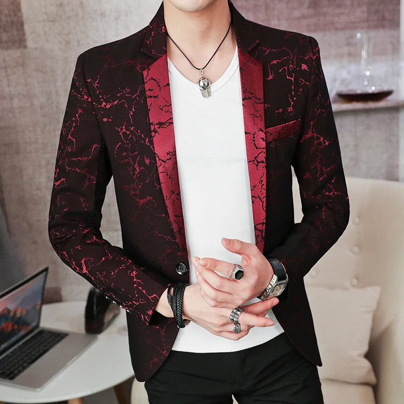 

2021 Men's Lightning Pattern Printed Suit Jacket Trendy Youth Slim and Handsome Single Button Suit Jacket