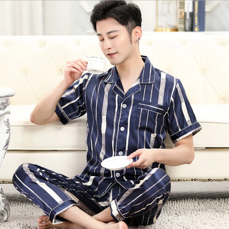 Pyjamas Men Summer Mulberry Silk Short Sleeve Shorts Thin Style True Ice Silk Large Size Men's Silk Home Suit Summer