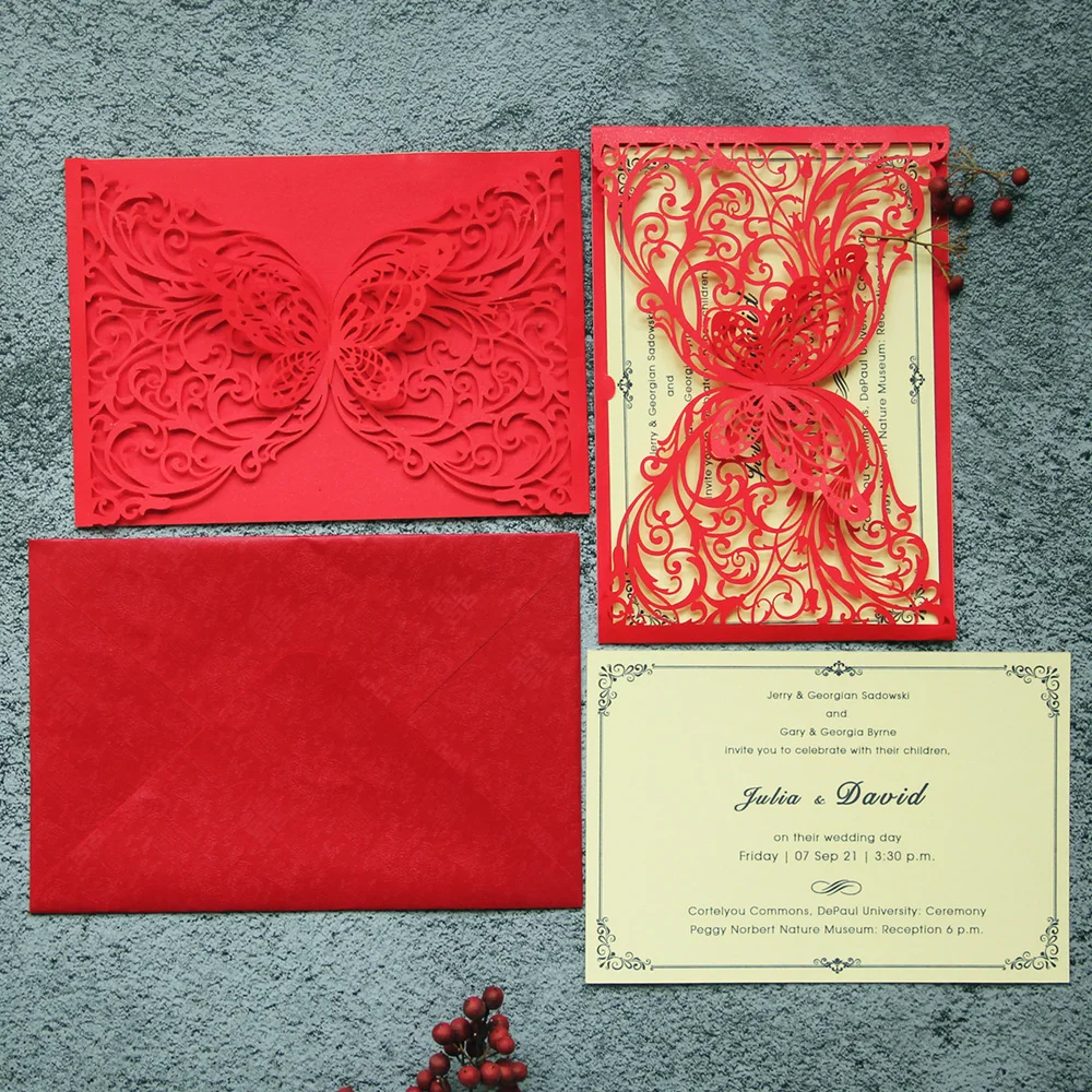 

50pcs/lot Sale red butterfly Laser Cut Wedding Invitations Card Wedding Decor ation Party Supplies 50pcs/lot