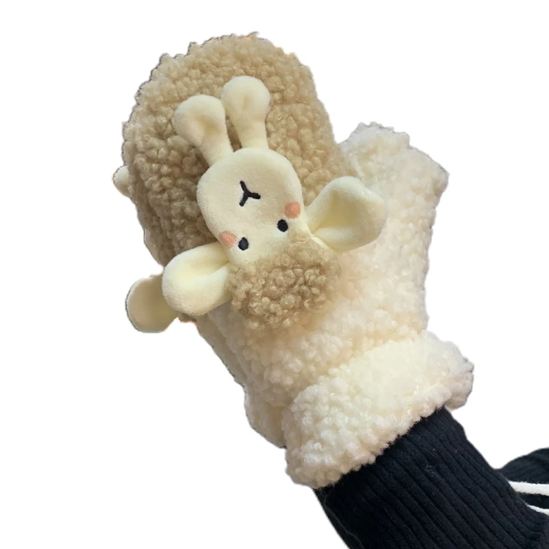 

Winter Faux Fleece Gloves Cartoon Sheep Animal Plush Lined Mittens with String