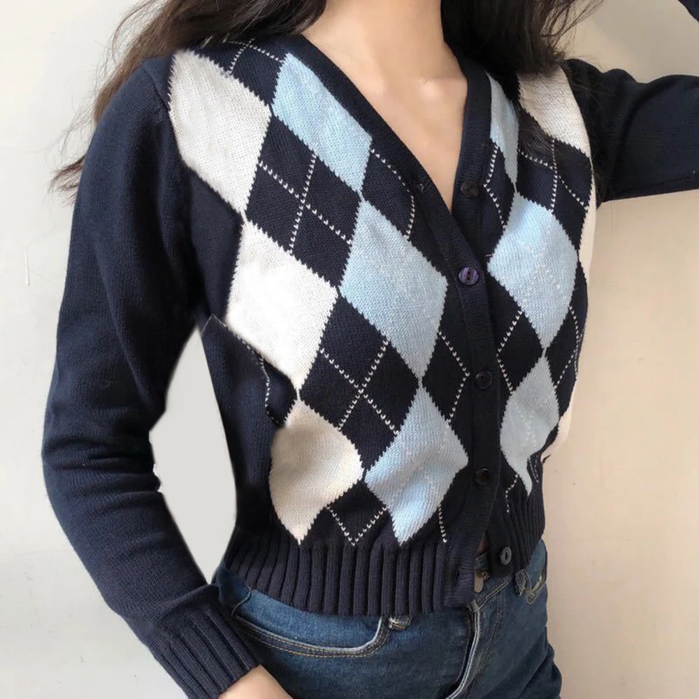 

Vintage Geometric Rhombic Cardigan Sweater Women Autumn Warm Long Sleeve Outerwear 2020 FashionV-Neck Knit Tops