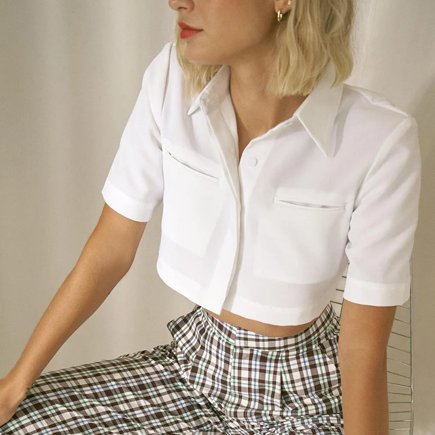

Spring Turn Down Collar Short Sleeve Office Shirt Female Casual Single-Breasted Top Basic White Crop Top Women Blouses