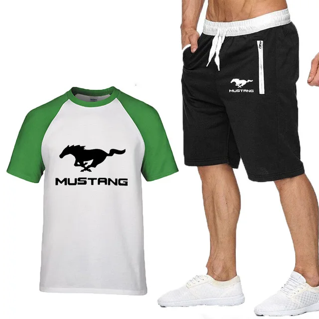 

Summer New Men T-Shirts Mustang Car Logo Print Short Sleeve Casual Cotton Round Neck Men's T-shir+ pants suit Men Clothing