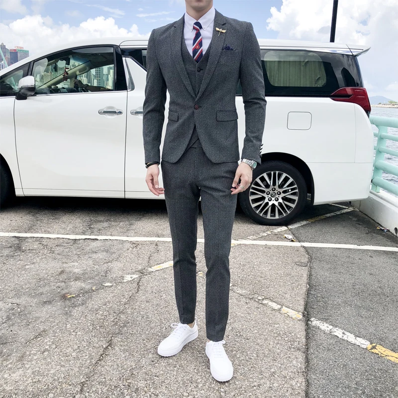 Plyesxale серого цвета и хаки мужские свадебные костюмы платья Slim Fit Мужская мода