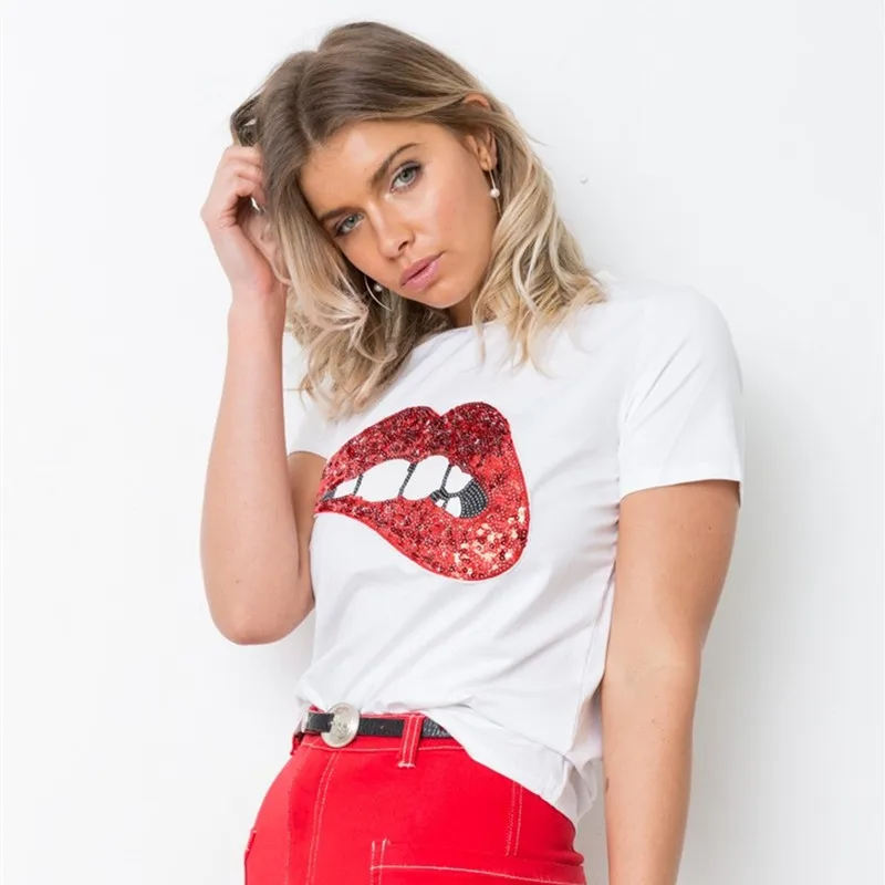 Hot Sale 2022 New Fashion Casual Printed Women's T-shirts Brand Summer Short Sleeve Loose Top Tee Shirt Lips sequins Z026 | Женская