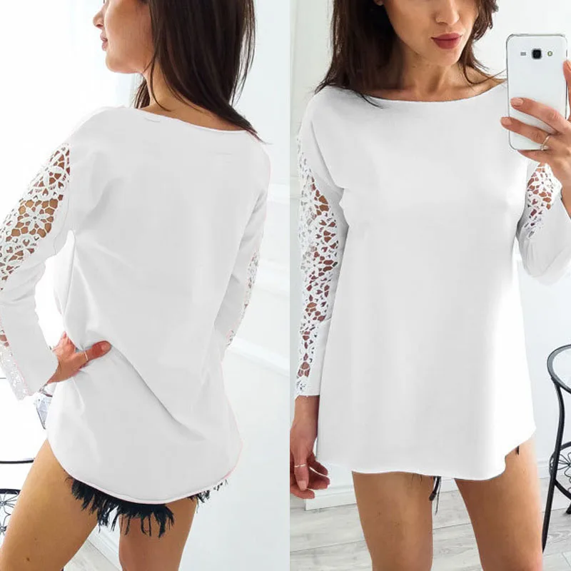 

Pop Fashion Spring Autumn Women Sexy Tops Lace Splice Long Sleeve O Neck Lady Girls Loose Casual Shirt Pop 88