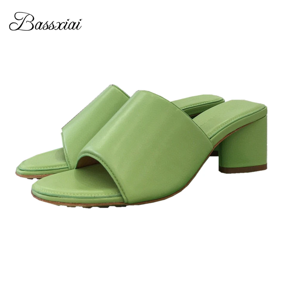 

Unique Med Heel Multicolor Sandals For Girls Women Sexy Open Toe Slingbacks Real Leather Slip-on Mules Lady Summer