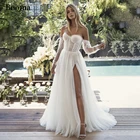 Женское свадебное платье Booma, плиссированное Тюлевое платье с открытыми плечами, длинными рукавами и высоким разрезом, кружевное свадебное платье, пляжная одежда 2021