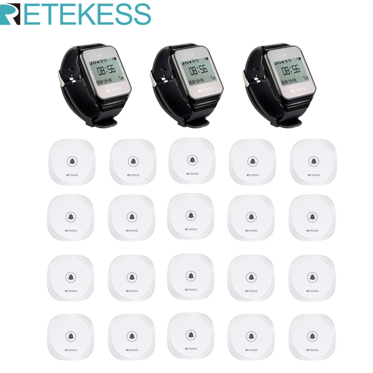 Retekess Wireless Restaurant Pager Calling System 3Pcs TD108 Watch Receiver + 20Pcs TD017 Call Button For Hospital Bar Hookah