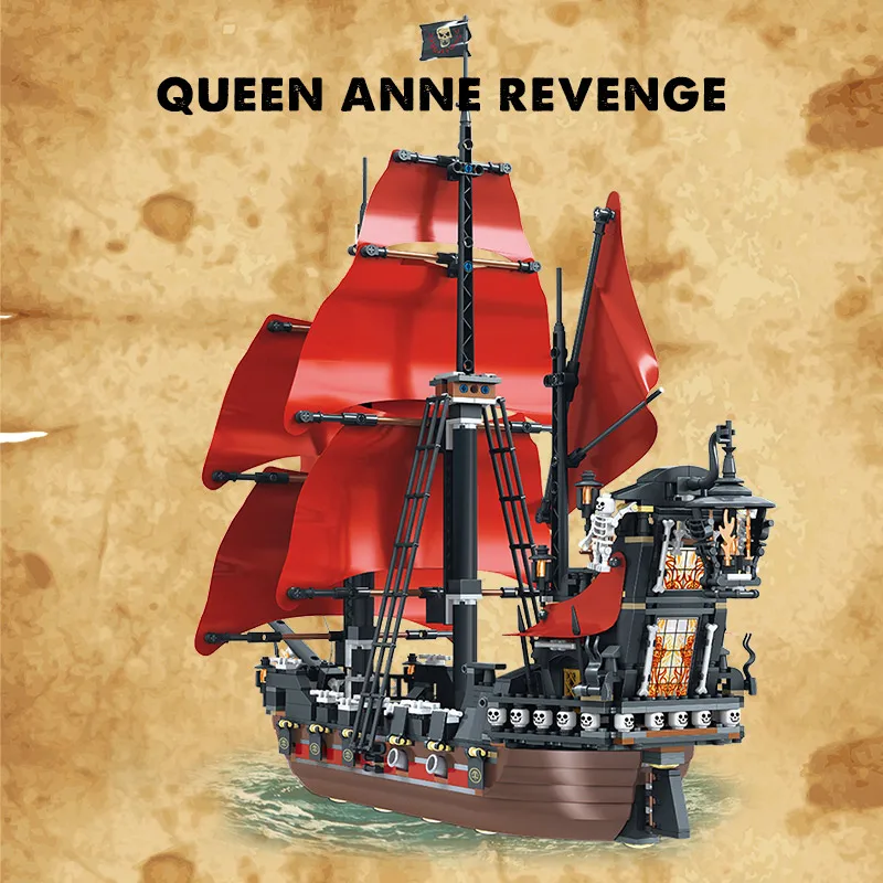 

1270PCS DIY Caribbean Ship Pirate Sailing Ship Building Blocks Queen Anne Revenge Boat 3D Model Bricks Toy For Children Gift