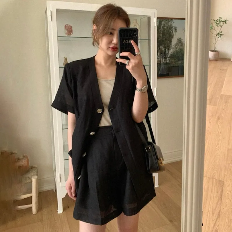 

Two Piece Sets V-neck Short Sleeve Cotton Linen Blazers Single Breasked Coat High Waist Loose Shorts Casual Women Summer Outfits