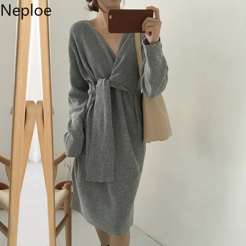 Neploe V Neck Slim Waist Lace Up Sweater Dress Autumn Loose Solid Maxi Vestido Cardigan Sueter Mujer Invierno 2020 46149 | Женская