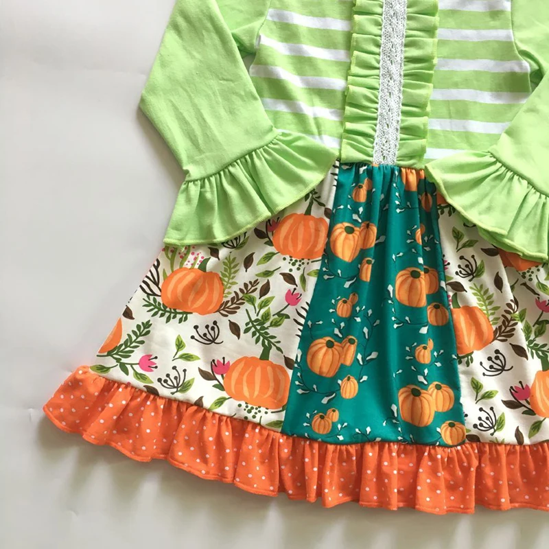 

hot sell cotton boutique halloween pumpkin patchwork girl dress