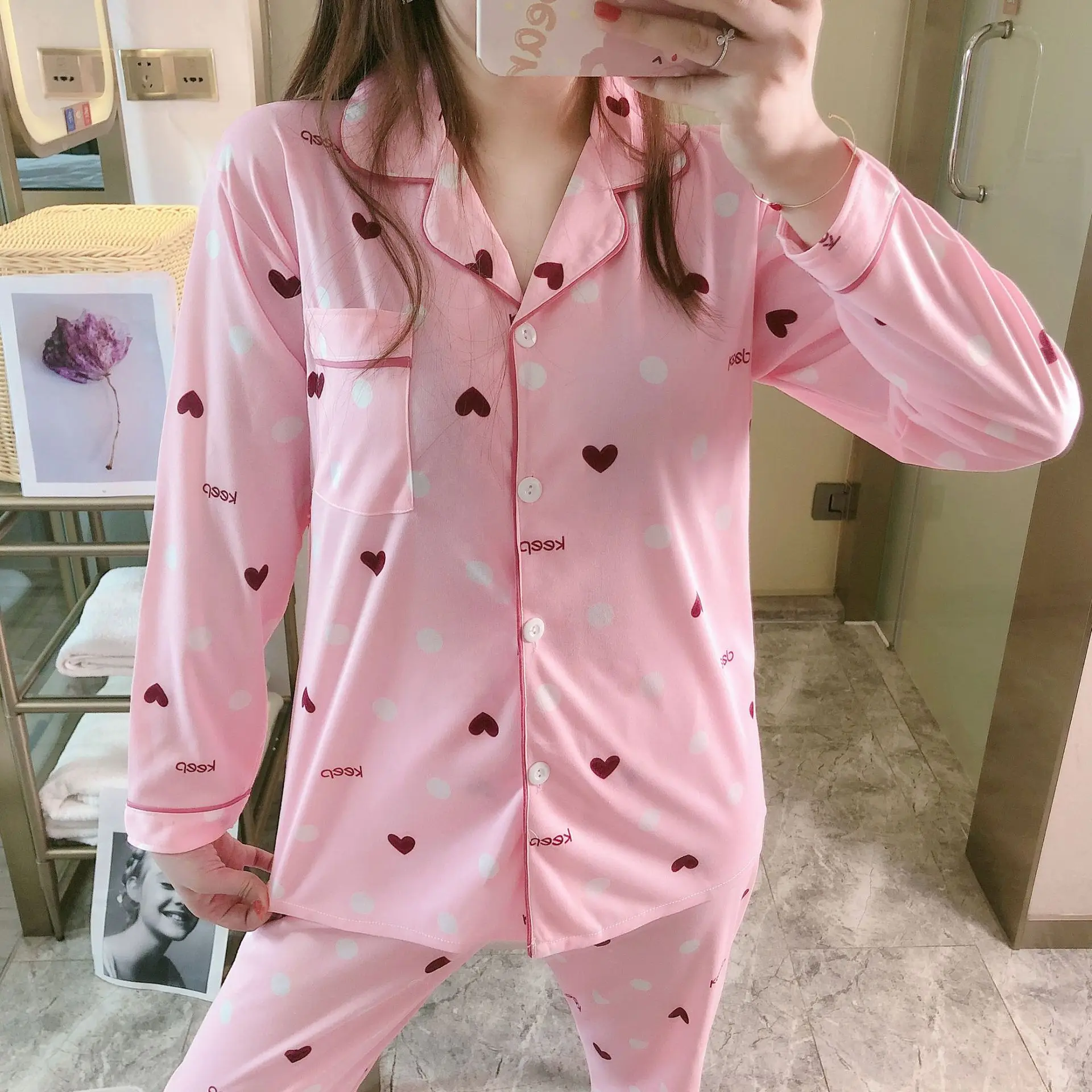 Spring Autumn Pajamas Women's Long Sleeve Sweet Lovely Cardigan Home Clothes Suit Lady Sleepwear Female Nightwear Sleep Wear