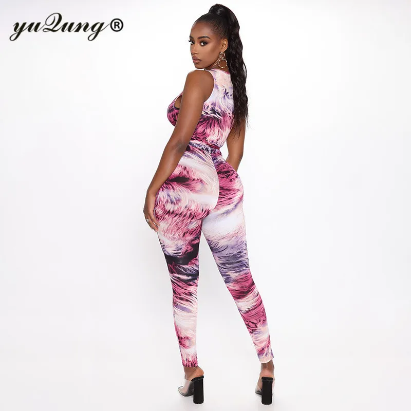 

yuqung Sexy tie dying print lace up Jumpsuit 2020 Women Summer sleeveless Bodysuit V-neck Rompers Female Fitness overalls