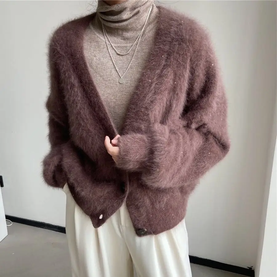 

HziriP Mink Velvet Solid Lantern Sleeve Sweaters Coats 2021 Slim Thicken Warm New V-Neck All Match Casual Cardigans Autumn Tops