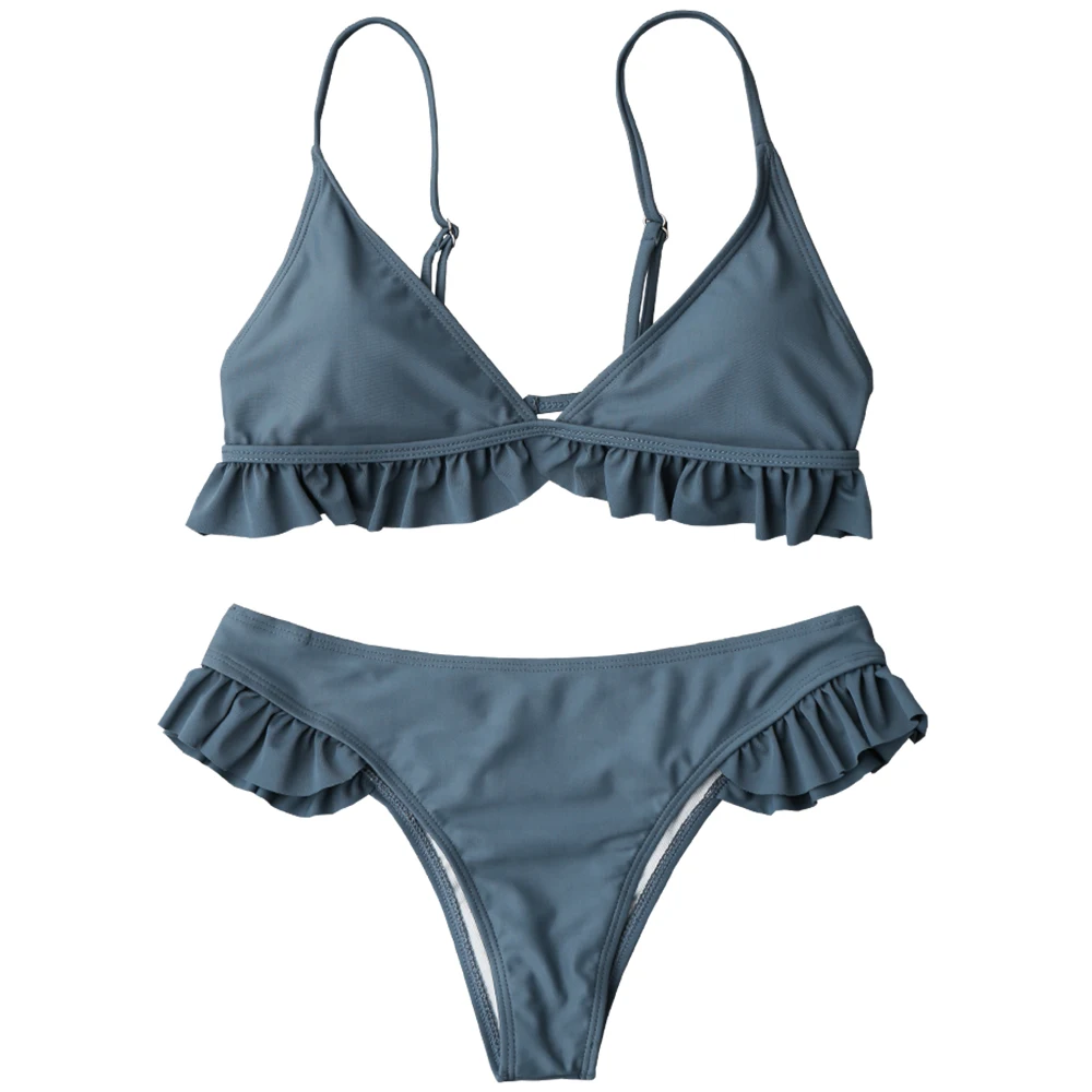 Stone Blue ZAFUL Женские бикини с оборками и оборками Мягкие бикини-лягушки с эластичным купальником с низкой талией Пуловеры Твердый купальный костюм - Цвет: Stone Blue