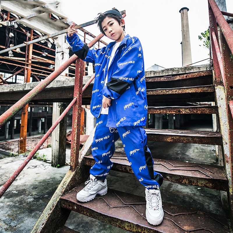 Костюмы для уличных танцев мальчиков детская одежда хип хопа синяя с длинными