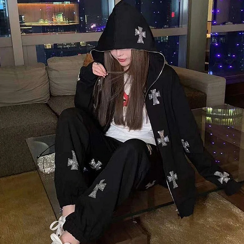 

Jacket for Women 2021 Harajuku Rhinestone Y2k Clothes Hooded Sweatshirt 90s Hip Hop Plus Size Oversize Zip Up Hoodie