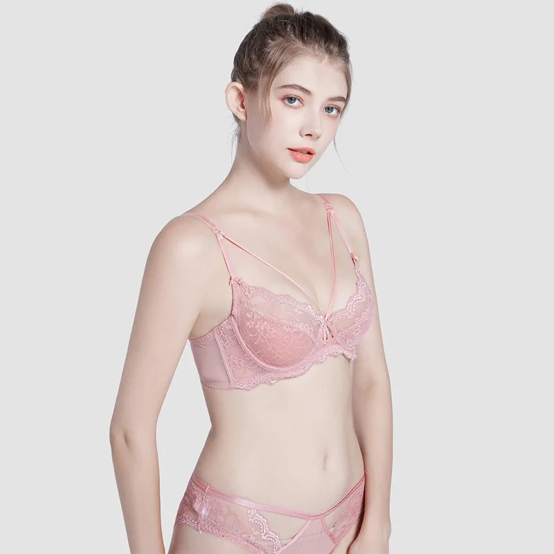 Biiggxx Sexy transparent lace underwear bra set push steel rubber ultra-thin pants French plus size women's 2-piece set