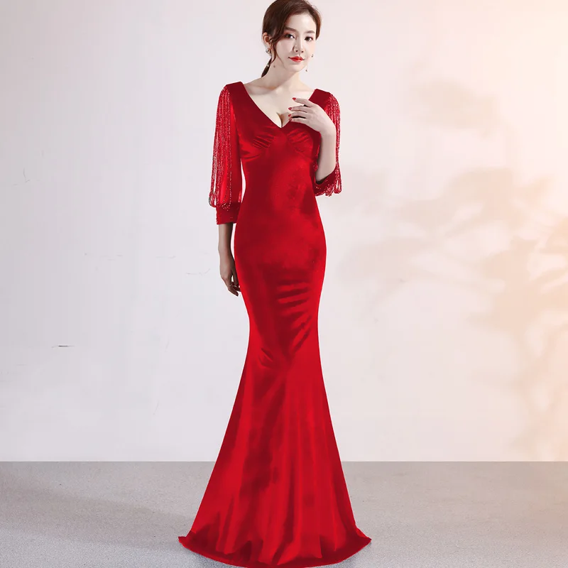 Осенне-зимние женские сексуальные бархатные вечерние платья с v-образным вырезом