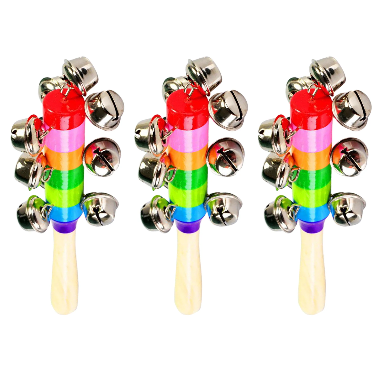 

3Pcs Christmas Hand Jingle Bells Hand Sleigh Bells Rainbow Shake Decoration Bells Musical Instrument Handle Wooden Bell Ring