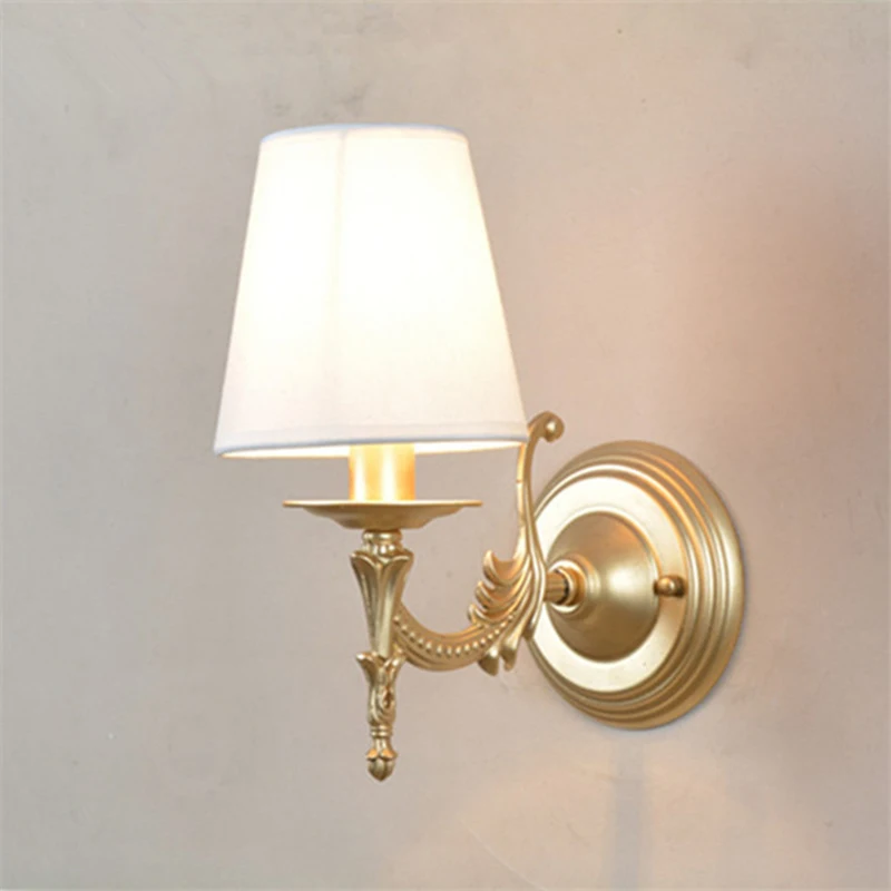 

American Vintage Bronze Iron E14 LED Wall Sconce Lamp Deco Bedroom Bedside Living Room Corridor Fabric White Fixture Light