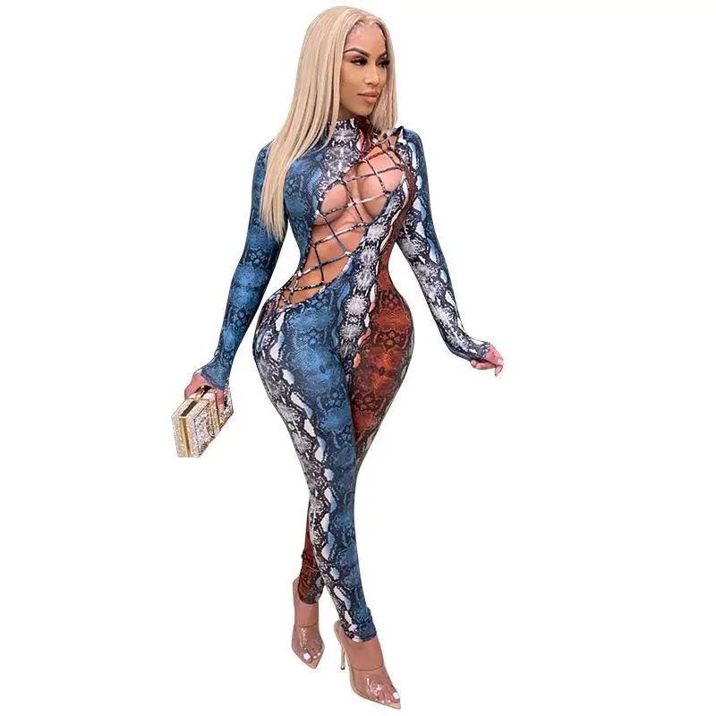 

Cross Border European And American Jumpsuit New Snake Print Sexy Hollow Out Bandage Nightclub Womens Cargo Pants Compression