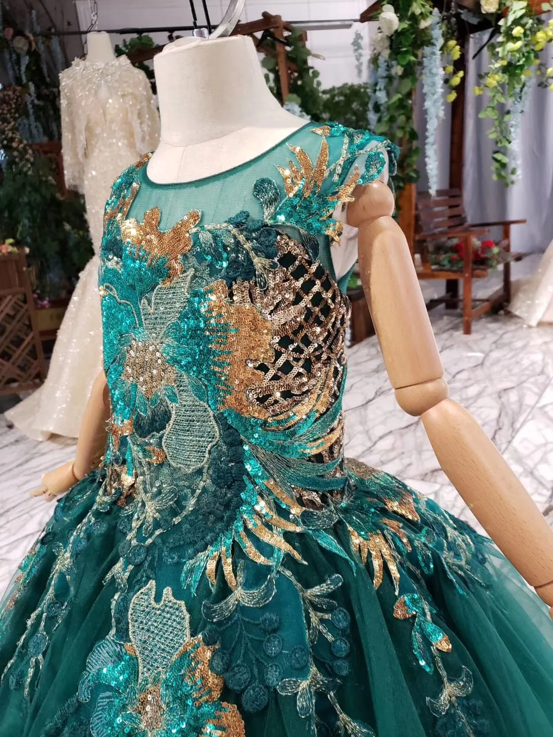 Бальные платья принцессы с пачкой Детские пышные Блестящие Зеленые кружевные