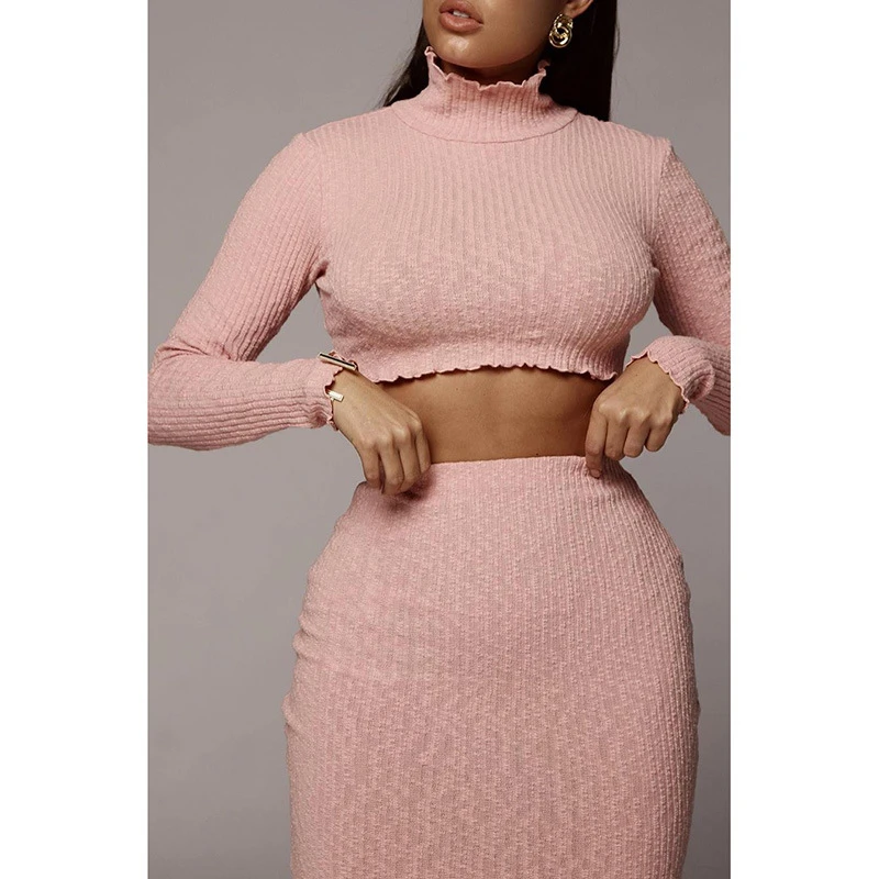 women elegant O neck long sleeve Tops mini bodycon skirt suits sexy fashion style High waist 2020 new years 2 pieces set | Женская