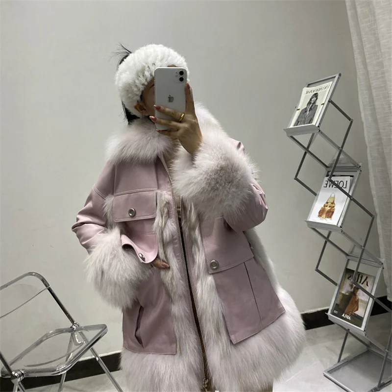 

Женское пальто, зимняя натуральная двухсторонняя Меховая куртка средней длины, пальто из натурального Лисьего меха розового цвета