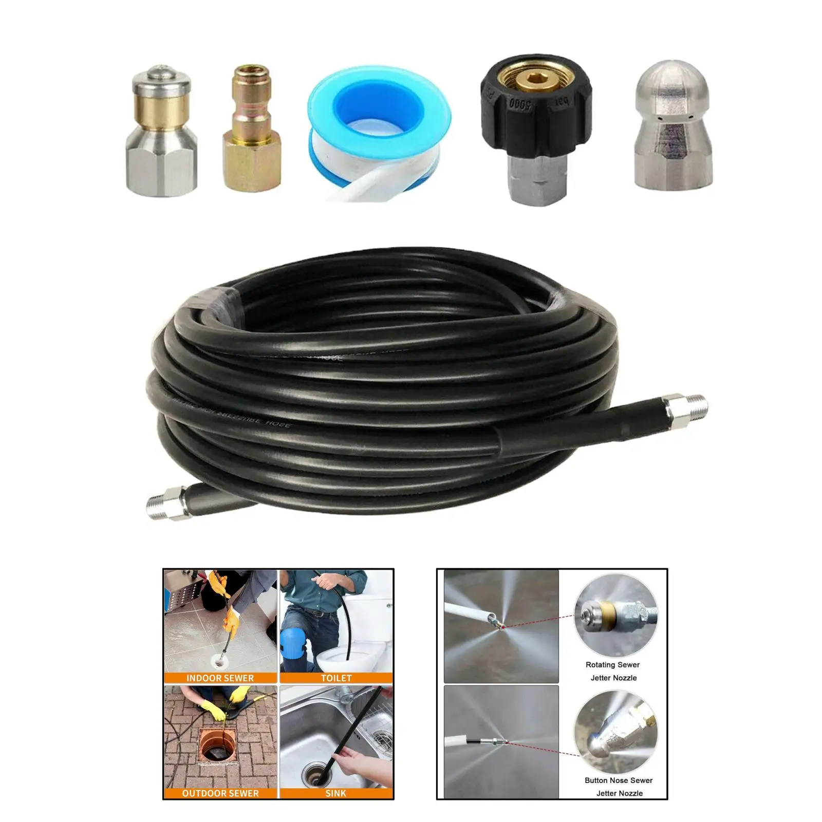 

Sewer Jetter Kit for Pressure Washer 5800 PSI Drain Cleaning Hose,15m Hose, 1/4" NP, , Rotation, Button Type Sewer Nozzle