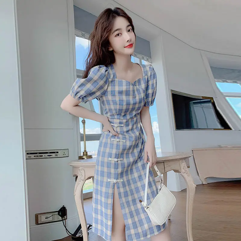 

Light Blue Plaid Qipao Women Satin Square Neck Cheongsam Improved Vintage Button Chinese Dress Sweet Puff Sleeve Vestidos