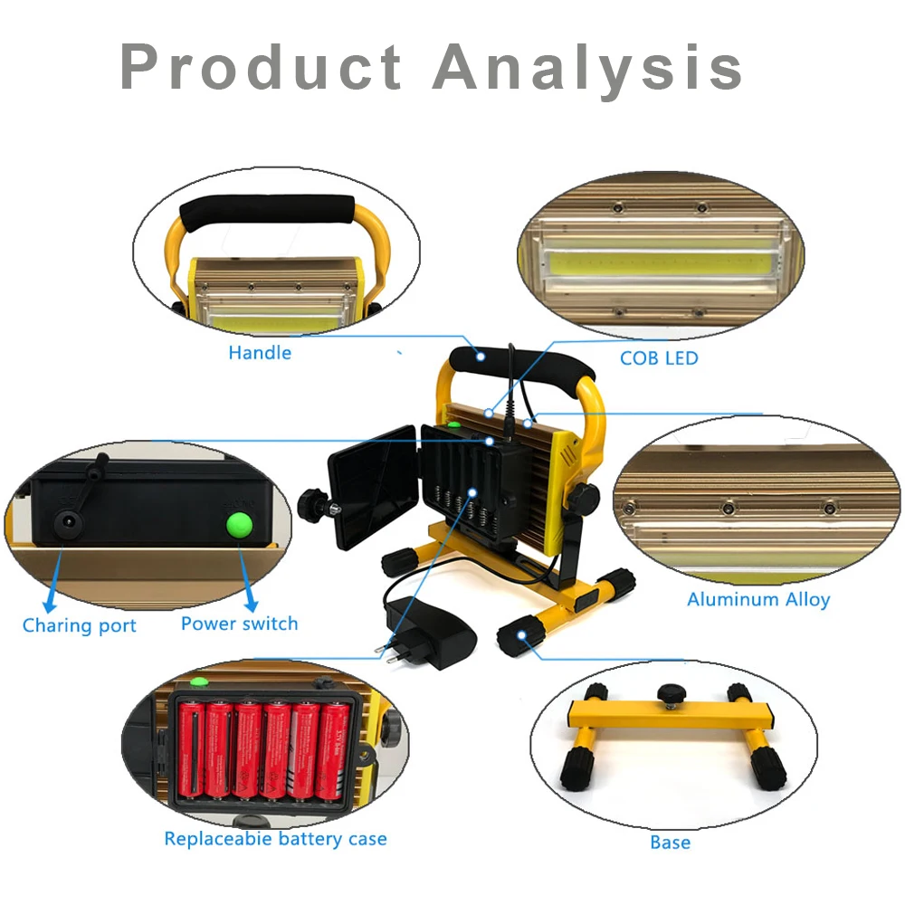 저렴한 휴대용 충전식 LED 100W 스포트라이트 작업등 건설 램프 자동차 수리점 작업장 현장 조명, 작업등 현장 조명 작업등 건설 램프