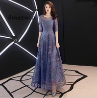 lace party dresses long 2020 elegant o neck a line floor length formal with sleeves formal dress