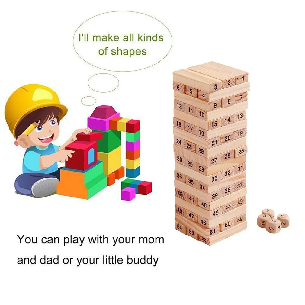 

54 Pieces Log-colou Digital Children's Stacked Building Blocks Wooden Tumbling Tower Game Family Garden Games Toy