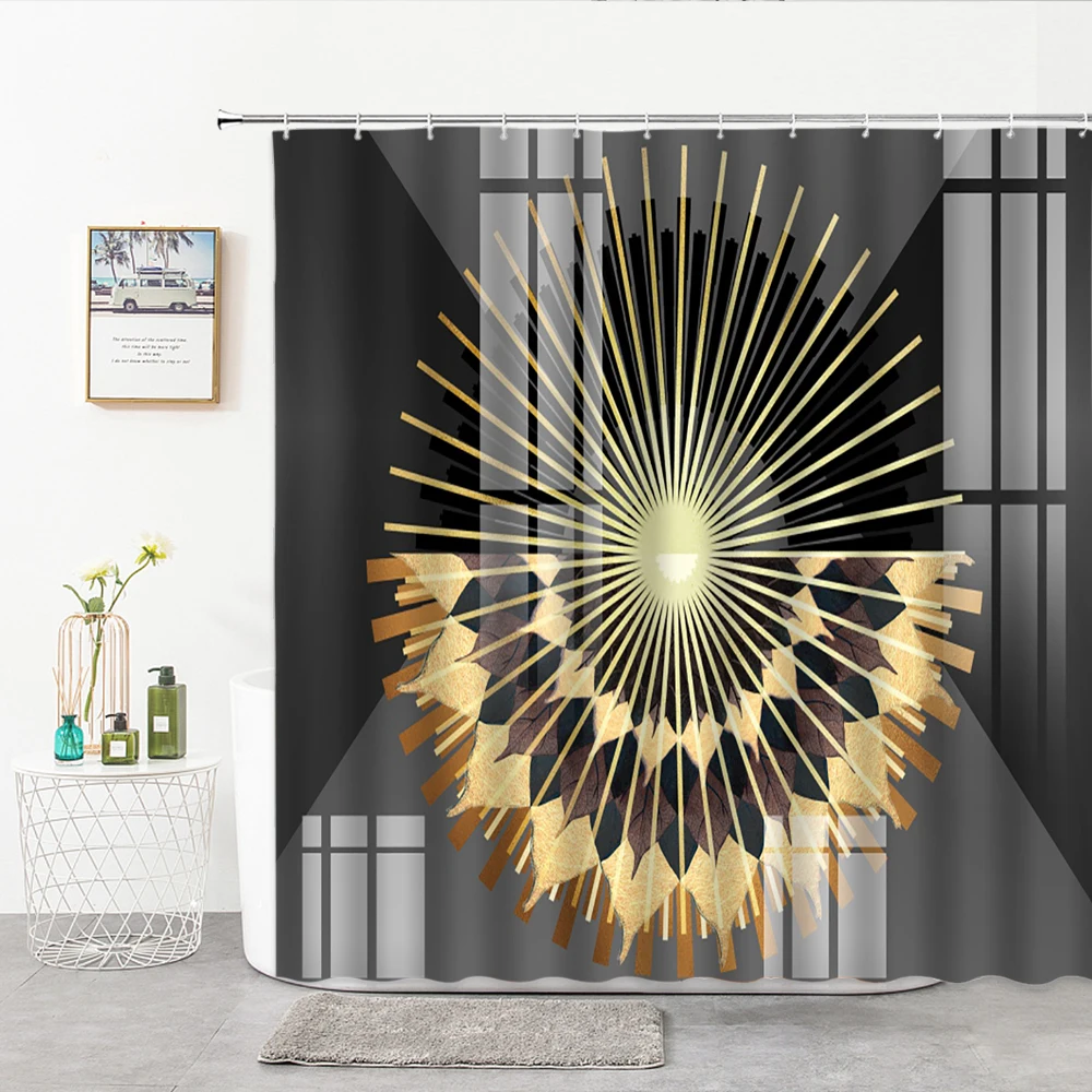 

Chinese Retro Shower Curtains Geometry Folding Fan Abstract Printed Bathroom Curtain Polyester Cloth Curtain For Bath Decor