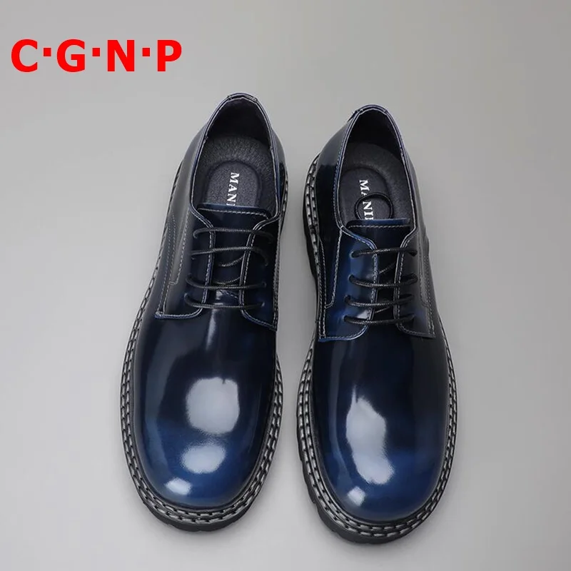 

Новые модные синие лакированные кожаные туфли C · G · N · P, мужские классические туфли на шнуровке в британском стиле, повседневная обувь на т...
