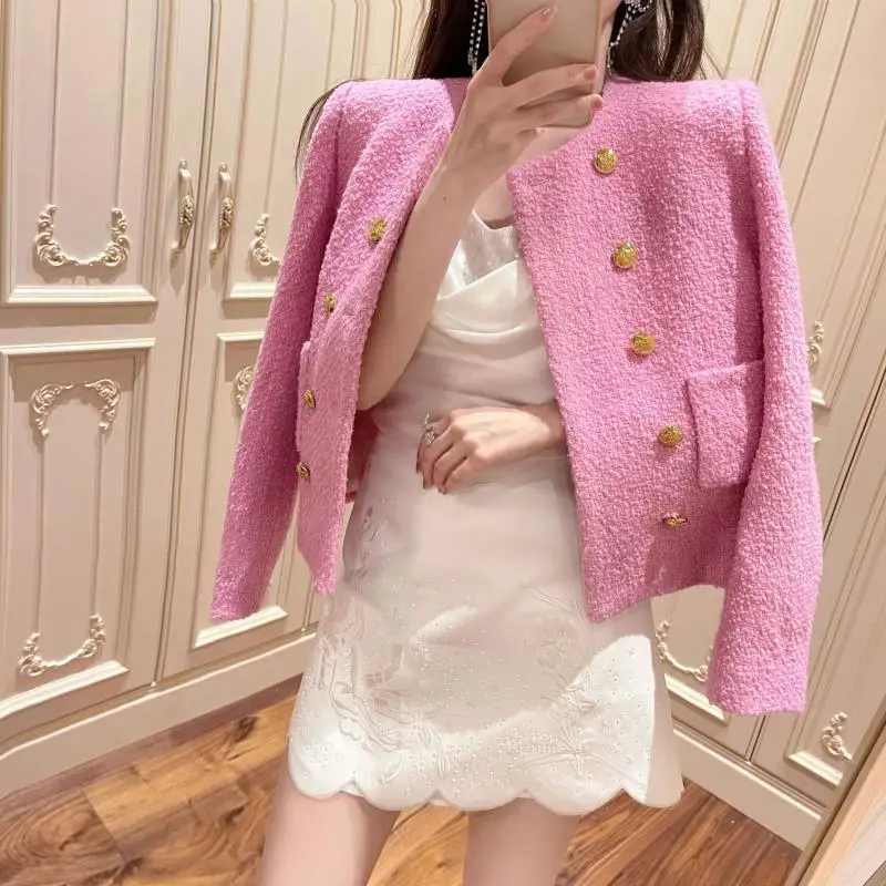 

Brand Runway Slim-Fit Tweed Jacket Elegant Luxury Brand Women Coat Double-Breasted O-Neck Cropped Rose Red Pink Top Jacket 2021
