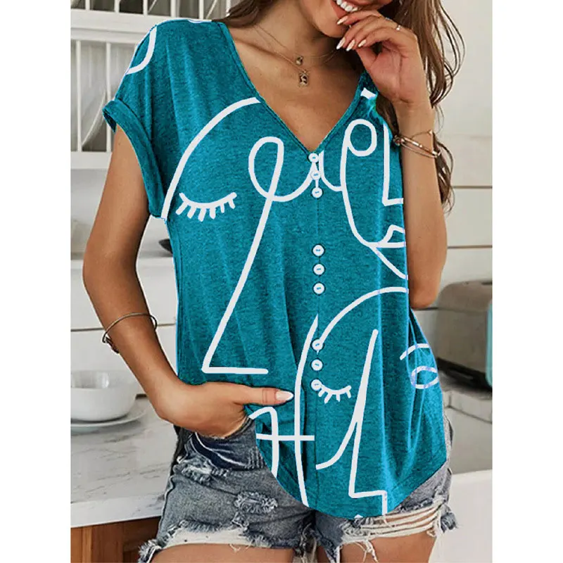 

2021 New Summer Fashion Office Lady Plus Size Women's Geometric Print V-Neck Short-Sleeved Casual Pullover T-Shirt Ladies Tops